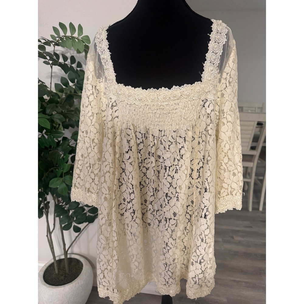 Ultra Pink Cream Floral Lace Tunic Top Pearl Accents Square Neck Boho 3/4 Sleeve